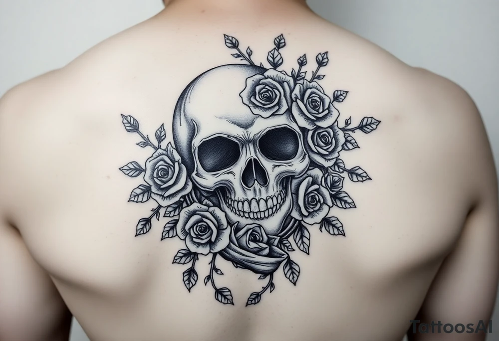 gothic skull intertwined with climbing roses and thorny vines tattoo idea
