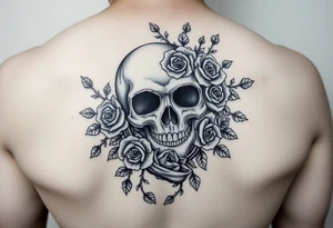 gothic skull intertwined with climbing roses and thorny vines tattoo idea