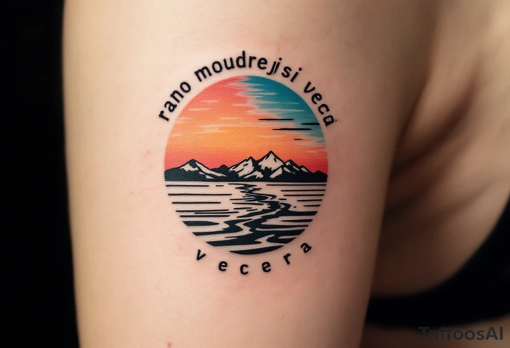 "Rano moudrejsi vecera." — A half-sun, half-moon design in pastel oranges and soft blues, with the phrase circling the horizon line in black. tattoo idea