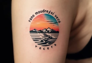 "Rano moudrejsi vecera." — A half-sun, half-moon design in pastel oranges and soft blues, with the phrase circling the horizon line in black. tattoo idea