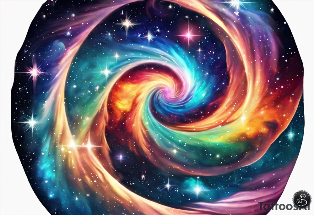 I want a spiral nebula space galaxy tattoo that's colorful and bright and cute and is nice to look at I don't want a traditional circle I want it like the ones thay look like an s shape and this tattoo will be on my left buttcheek and light colors tattoo idea
