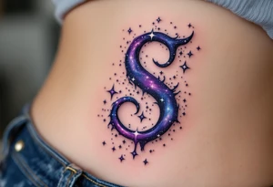 A galaxy-themed "S" with deep navy, purples, and scattered white stars. tattoo idea