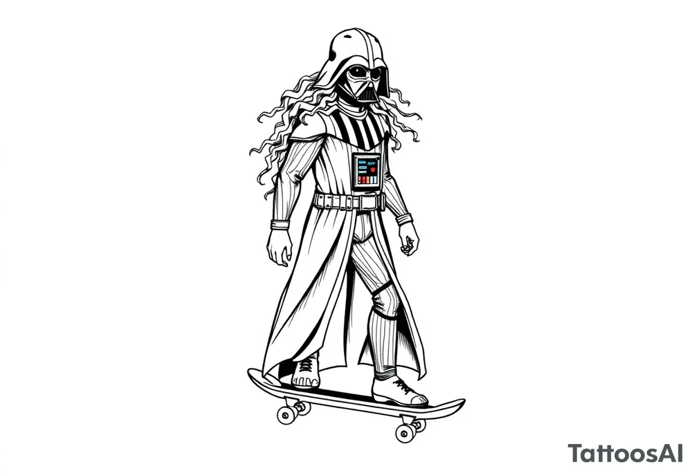Skateboarding TALL Darth Vader with long kinky curly hair
WORDS in star wars font "Darth Carter"
12/29/88-01/06/24 tattoo idea