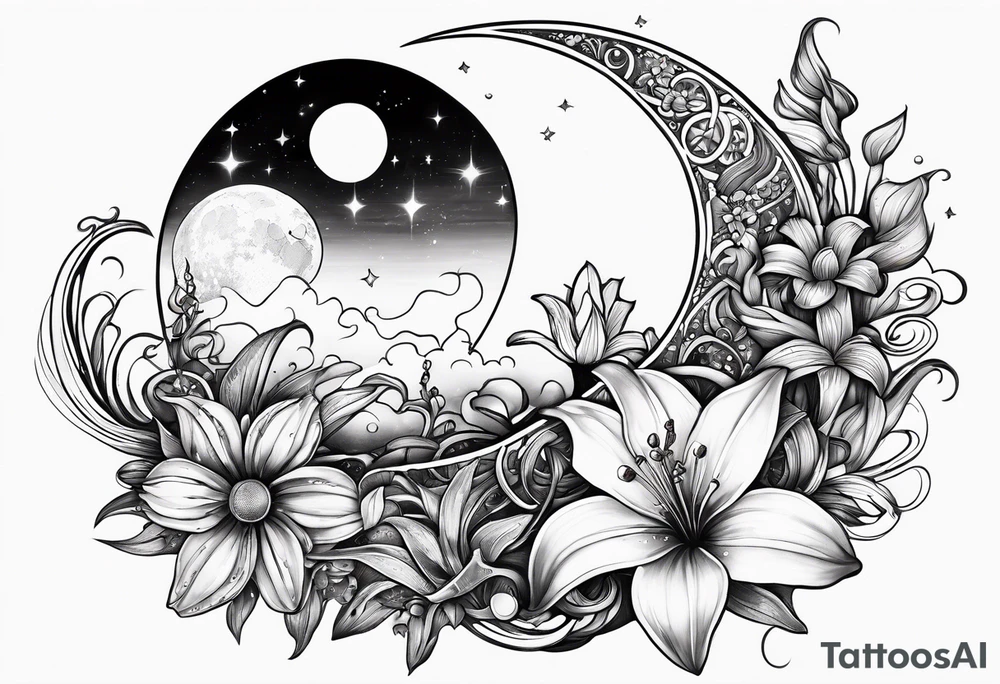 Crescent moon with daisy's, lily’s, crystals, and mushrooms tattoo idea