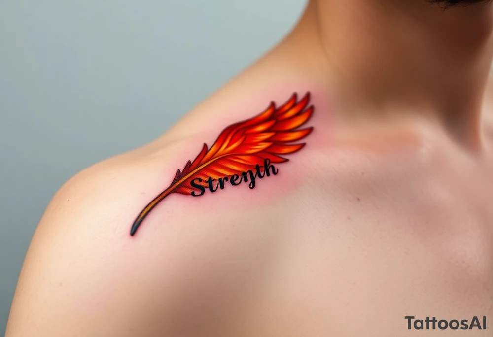 A golden phoenix feather with a fiery red glow, featuring the word "Strength", symbolizing resilience and passion in love tattoo idea