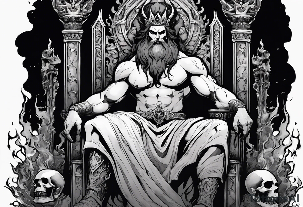 Style is sketch work depiciting the god hades sitting on a throne in the underworld.  He's young and muscluar and holding his bident.  His thrown and crown indicates his realm with bones and skulls.  This is overlaid with watercolor shading giving the appearance of fire. tattoo idea