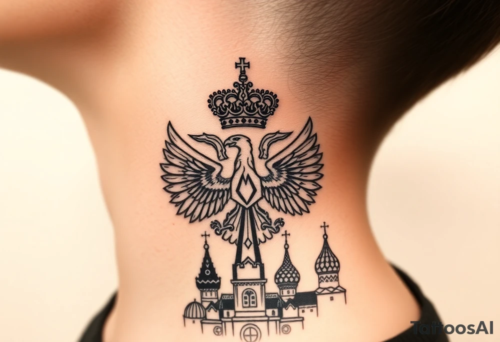 St. George, 3 russian imperial crowns above the Russian coat of arms double eagle and sitting above its wingspan sitting just above Kremlin or St. Basil's Cathedral scene  on the side of my neck tattoo idea