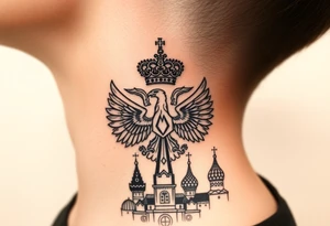 St. George, 3 russian imperial crowns above the Russian coat of arms double eagle and sitting above its wingspan sitting just above Kremlin or St. Basil's Cathedral scene  on the side of my neck tattoo idea