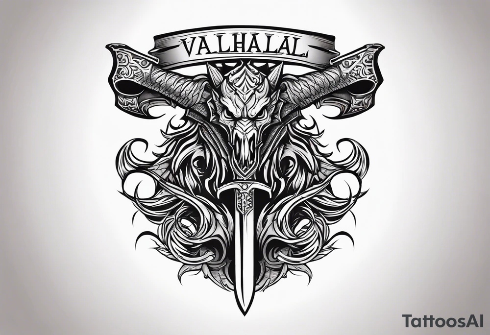 Valhalla sword dragon head axe tattoo idea