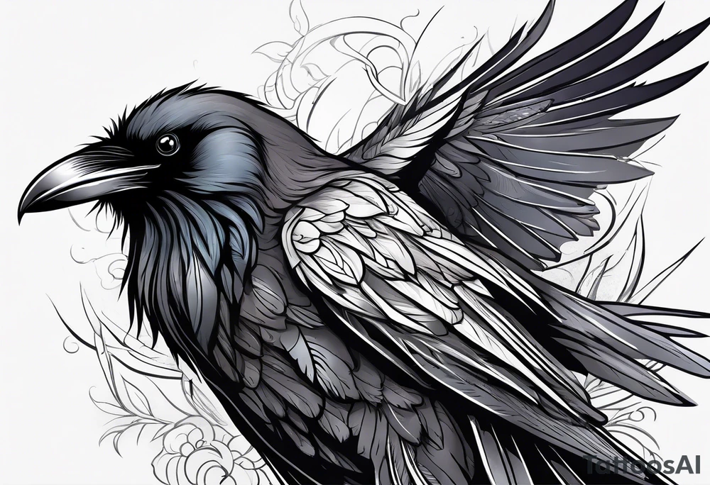 Raven outline with less feather details tattoo idea