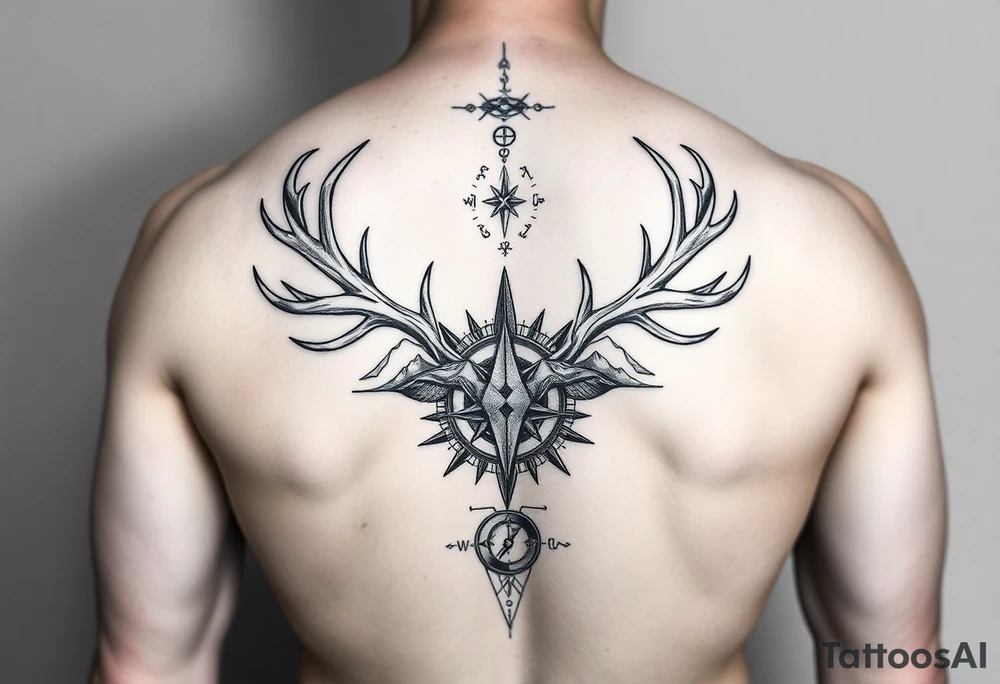 Long Spine tattoo that goes vertically down your spine of elk and deer antlers intertwined , a compass, and mountains tattoo idea