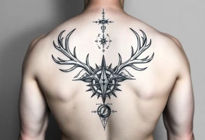 Long Spine tattoo that goes vertically down your spine of elk and deer antlers intertwined , a compass, and mountains tattoo idea