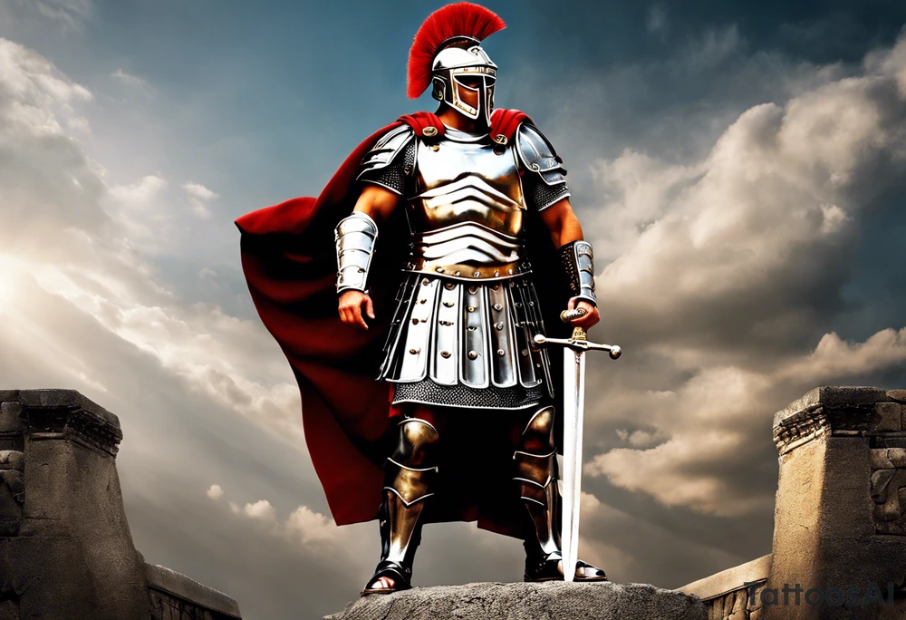 a high ranking roman centurion, soldier, AD 60, wearing armour which must include an armoured belt, breastplate, armoured shoes, shield, helmet and sword. the soldier is strong, tall, large, fit, muscular. the soldier is faceless. We can see the full body of the centurion, from his shoes to his helmet. The soldier is mid-battle, fending off flaming arrows with his shield, advancing towards the enemy, attacking the enemy. attacking pose. The image should be extremely detailed. Need to see the full soldier. tattoo idea