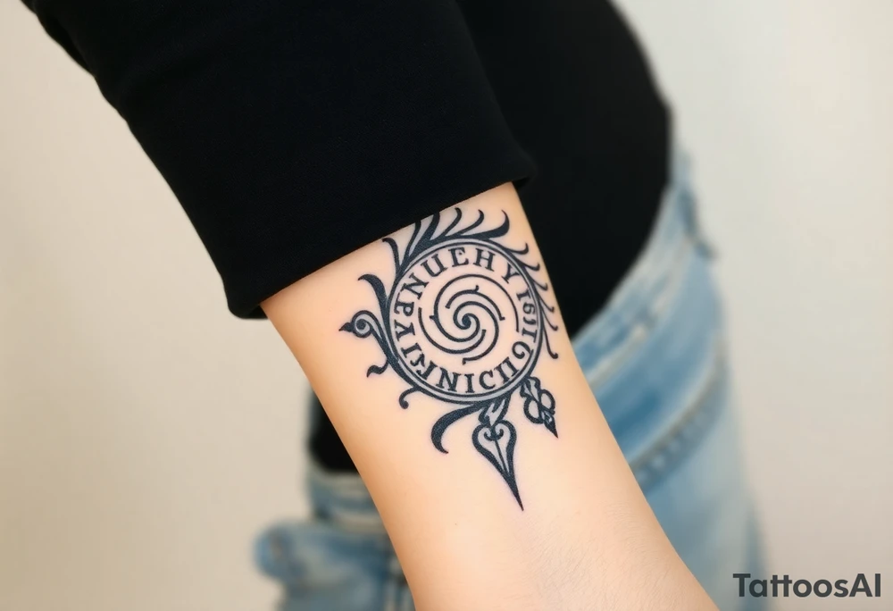 Create a tattoo that writes the Hindi word "Anichya" with A circle or spiral, which represents the cyclical nature of life and death tattoo idea