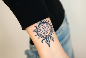Create a tattoo that writes the Hindi word "Anichya" with A circle or spiral, which represents the cyclical nature of life and death tattoo idea