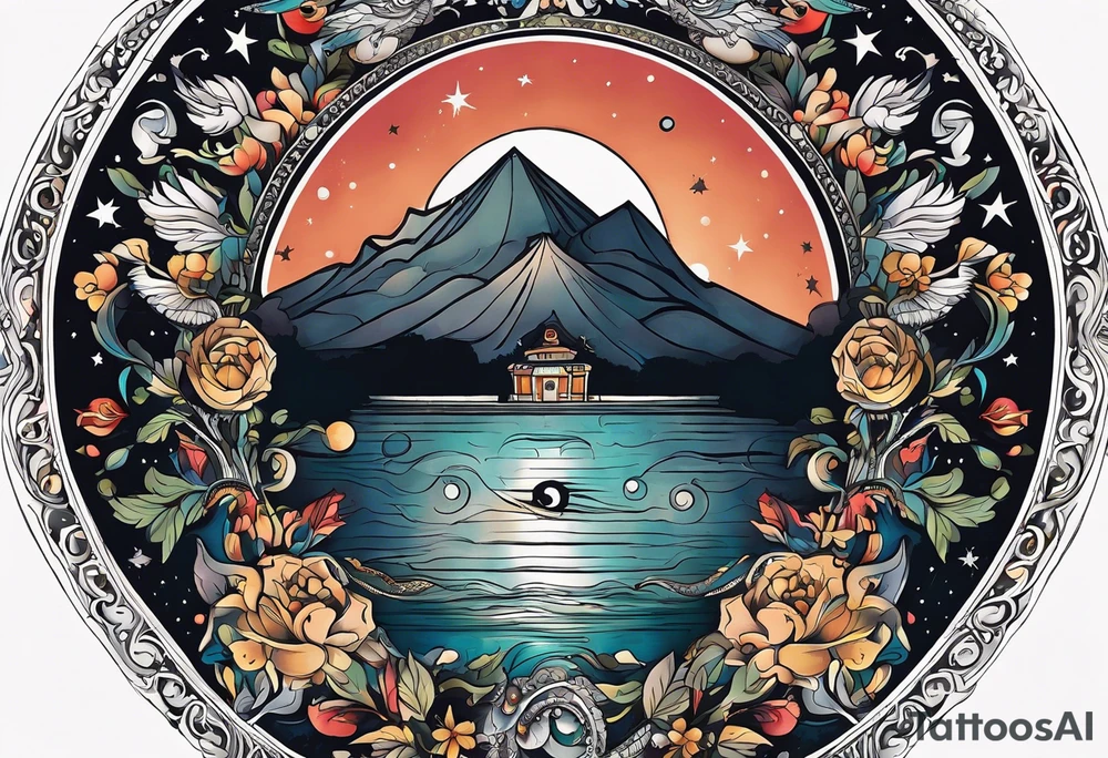 A tattoo design inspired by southern Italian folklore tales, incorporating mystical creatures and celestial objects such as moons and stars, reflecting the client's love for folklore and celestial objects. tattoo idea