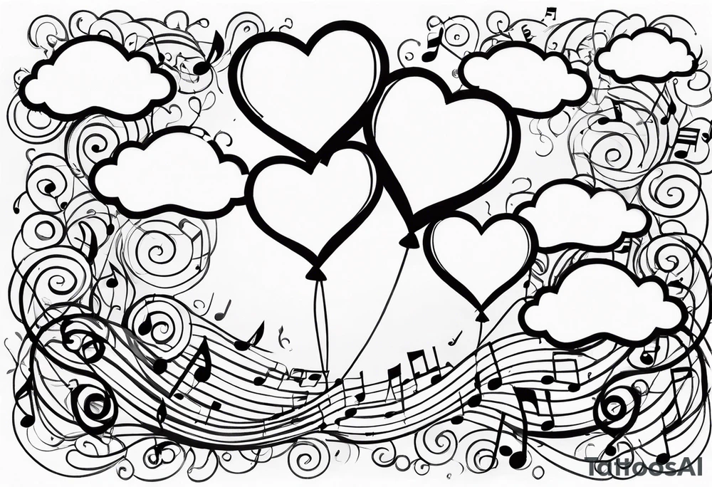 music notes and hearts with balloons up in the clouds tattoo idea