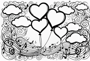 music notes and hearts with balloons up in the clouds tattoo idea