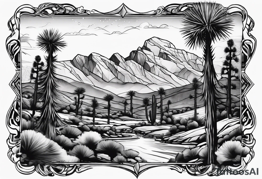 A dessert with joshua trees transitioning to pine trees and mountains tattoo idea