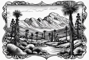 A dessert with joshua trees transitioning to pine trees and mountains tattoo idea