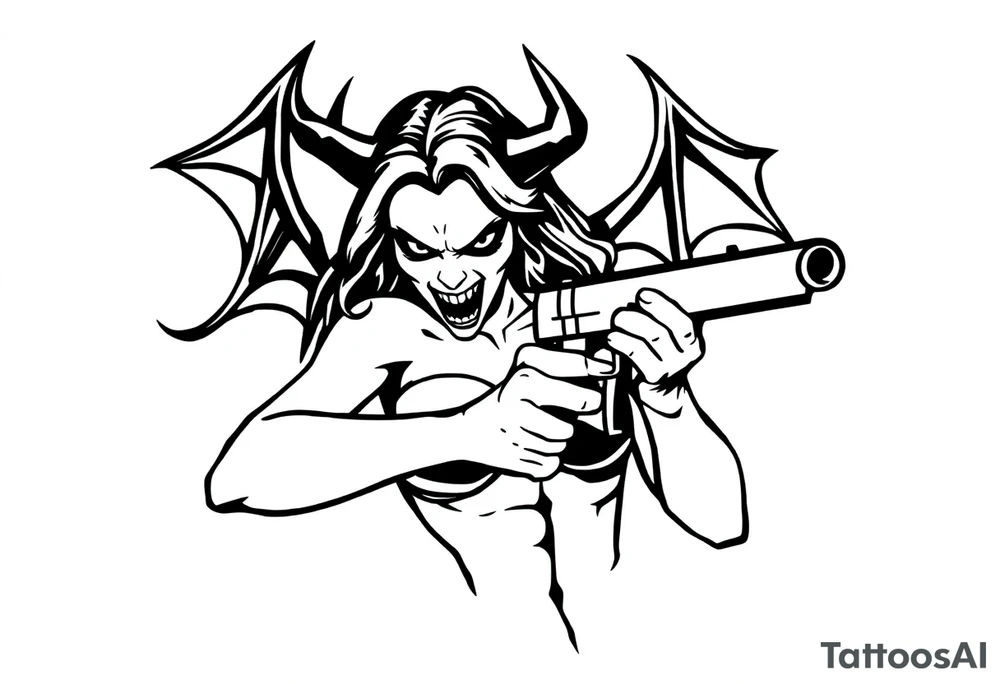 angry succubus holding gun tattoo idea