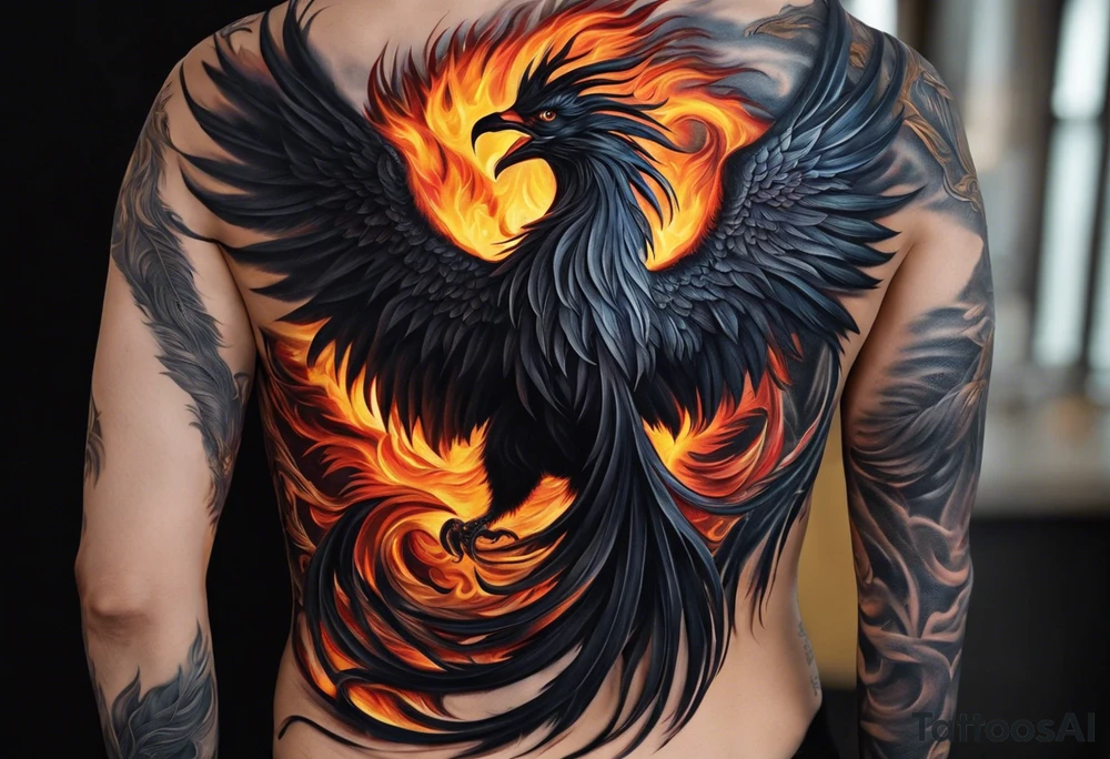 Style: Primarily realistic with subtle abstract elements for flow and connection.
Phoenix on the Shoulder: A realistic phoenix rising from flames, symbolizing resilience and rebirth. The feathers are intricately detailed, with flames or smoke wrapping around the upper arm, flowing downward to connect with other elements in the sleeve.

Witches: Realistic yet mystical representations of witches, either as dark silhouettes or subtle figures within shadows. They’re spaced throughout the design, adding a sense of wisdom and mystery to the piece.

Angel Flying into Space: An angel starting mid-arm and ascending upwards, transitioning into stars, cosmic dust, or nebulae as it approaches the phoenix on the shoulder. This symbolizes transcendence and limitless inspiration, with stars and abstract cosmic details surrounding the angel.

Family (Close and Distant): Realistic figures representing family members, positioned in a gradient along the forearm. Some are highly detailed and close, while others fade into the background, symbolizing closeness and distance within the family dynamic.

Overall Composition: The elements are interconnected with flowing lines, smoke, and cosmic themes, creating a unified sleeve that tells a personal story of life, music, and inspiration. tattoo idea