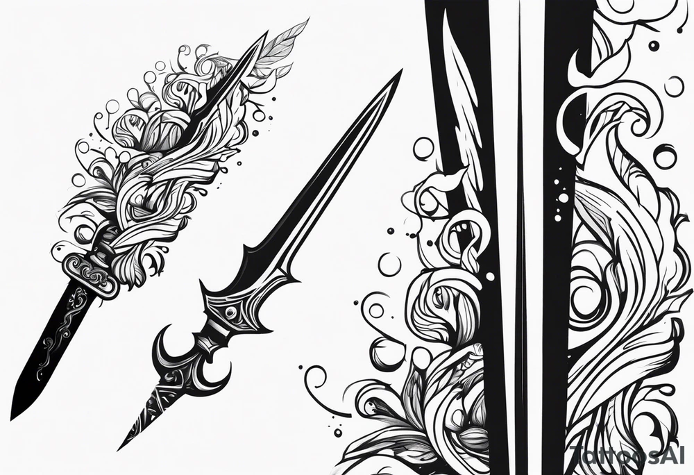 Feminine magical dagger with a splash of water swirling around it upwards tattoo idea