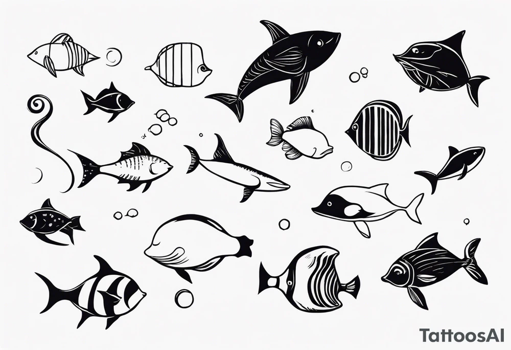 Small sea creatures in a vertical line tattoo idea