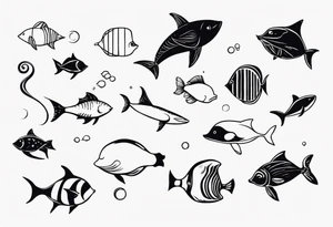 Small sea creatures in a vertical line tattoo idea