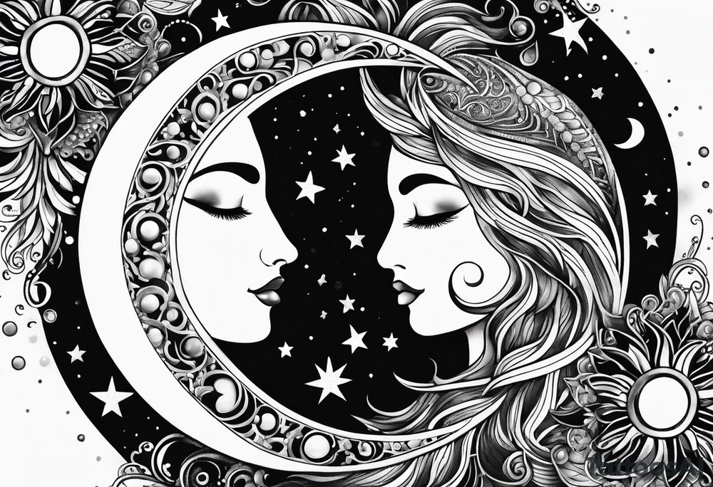 Feminine Sun and moon. long rectangular sternum swirls with dots and stars tattoo idea