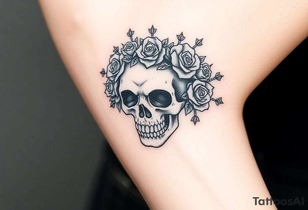 ornate skull adorned with crown of wild roses and thorns tattoo idea