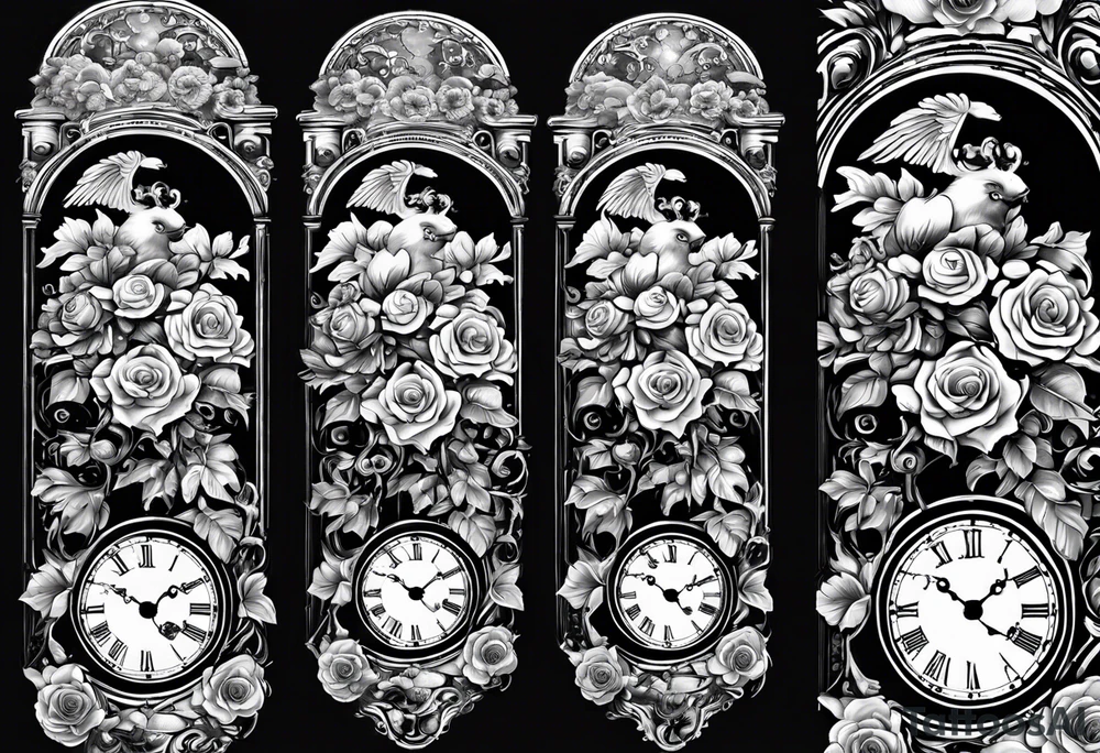 Half sleeve on arm of beautiful old fashion clock with roses, cherubs, angels, and the name chase Peter in a scroll tattoo idea