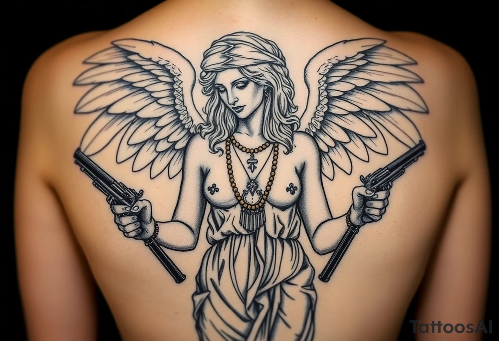 old angel statue in criminal style, tattooed and at the same time contemporary, weapons in hand, gangster-style gold necklaces tattoo idea