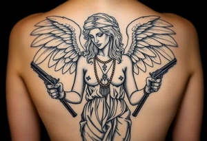 old angel statue in criminal style, tattooed and at the same time contemporary, weapons in hand, gangster-style gold necklaces tattoo idea