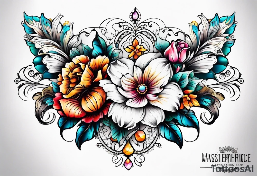 Floral leg piece with beading and lace tattoo idea. colorful, old school flowers, highly detailed, florals. white background. intricate highly detailed, tattoo idea