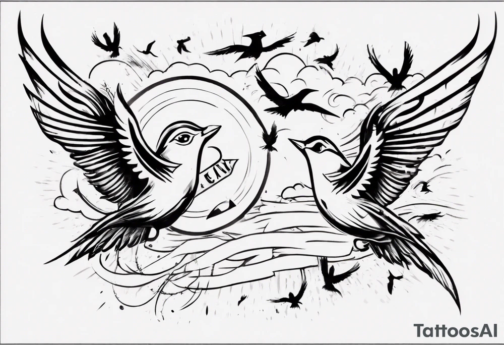 a shoulder tattoo with rays of light, clouds and birds flying free tattoo idea