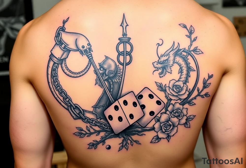 squid, knight and dragon combined with chains, tree roots, cherry blossoms and roses rolling dice tattoo idea