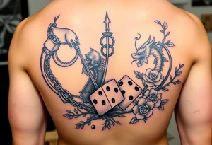 squid, knight and dragon combined with chains, tree roots, cherry blossoms and roses rolling dice tattoo idea
