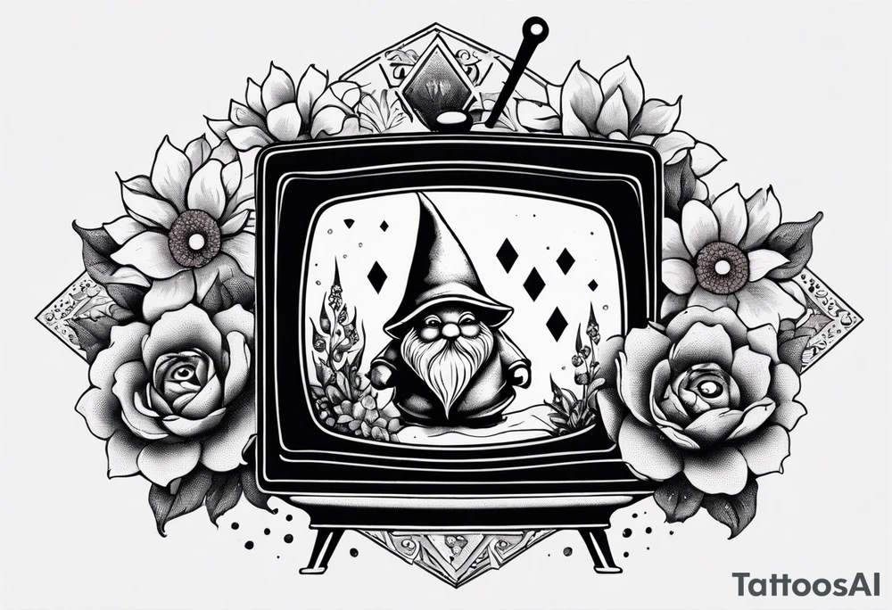 A diamond base with a "little nightmares" gnome coming out of the diamond, and flowers, a retro tv, and an eye at the bottom of the diamond tattoo idea
