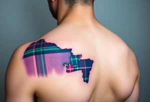 Dark Purple with green pink blue and white highlights tartan fabric on bicep with skin tearing away to reveal tartan underneath tattoo idea