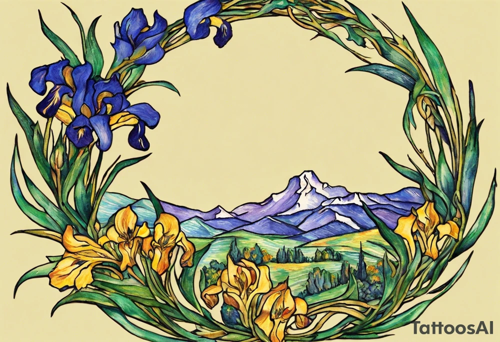 Create a small colorful Vincent van Gogh Irises tattoo in the form of a crescent, with vines or Celtic knots gracefully intertwining at a central point in the middle of the wreath.  In the middle of the wreath are mountains and other items found in New Mexico. Ensure that the design avoids the appearance of a bush and maintains a more structured and deliberate arrangement. The intended placement is on the upper chest. The overall design should be small in size while maintaining a delicate and artistic aesthetic. Pay attention to the graceful flow of the vines and the placement of the irises to achieve a refined and elegant look. tattoo idea