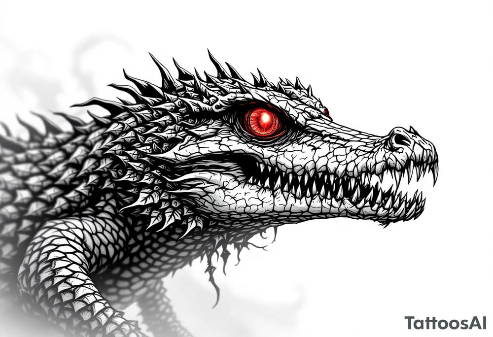 powerful majestic aligator with red eyes, surrounded by death ornaments tattoo idea