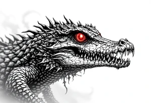 powerful majestic aligator with red eyes, surrounded by death ornaments tattoo idea