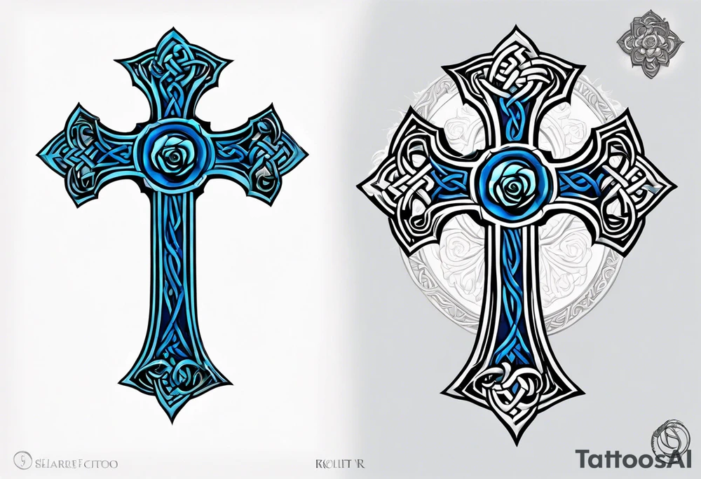 Celtic cross impaled by a blue rose tattoo idea