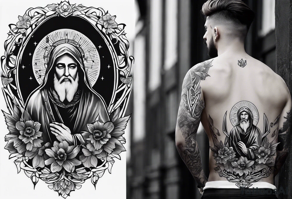 An aesthetic but unpretentious tattoo that is placed on the upper back of a male. It should represent catholic religion, discipline, pain and the love to animals. tattoo idea