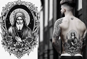An aesthetic but unpretentious tattoo that is placed on the upper back of a male. It should represent catholic religion, discipline, pain and the love to animals. tattoo idea