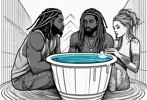 Black guy with dreads inside a foam cup like it’s a jacuzzi with two white girls tattoo idea