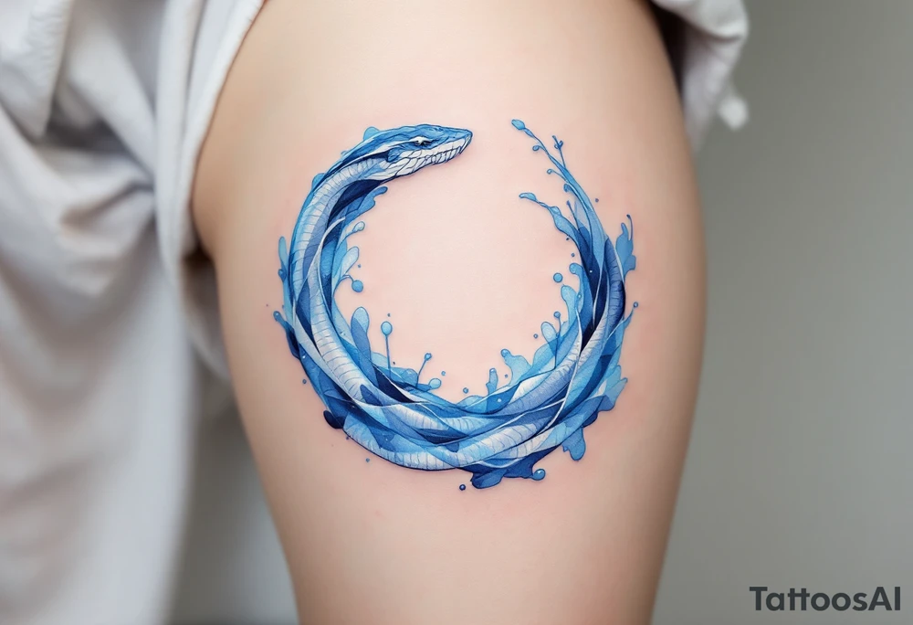 A translucent water-like Ouroboros snake forming cyrcle, with soft blue and white hues, creating an ethereal, flowing effect. tattoo idea