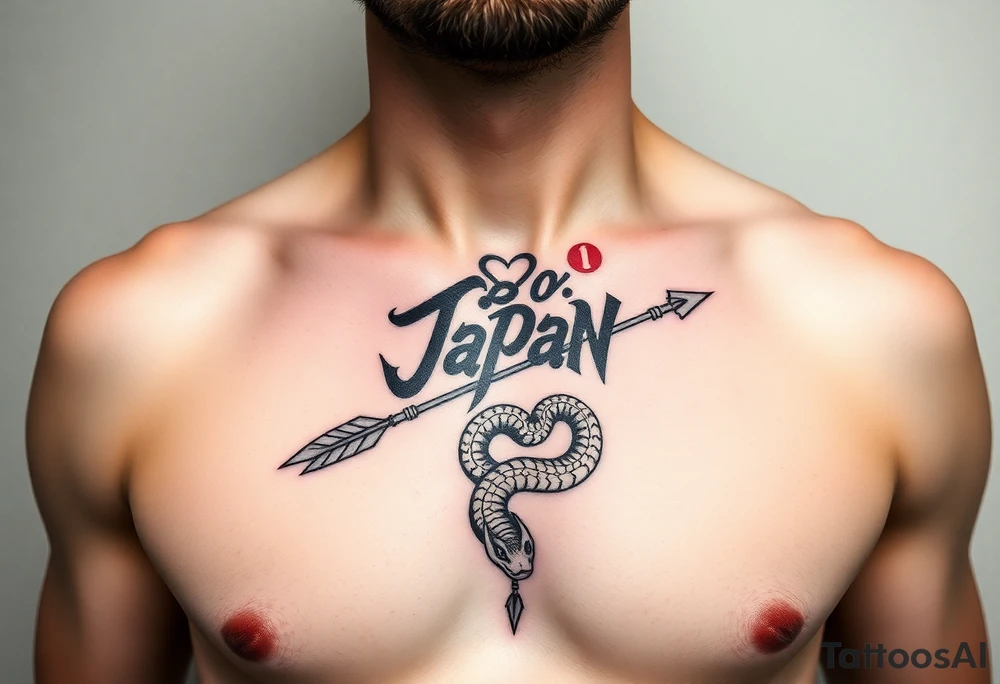 chest japan theme with naga lettering and arrow and snake tattoo idea