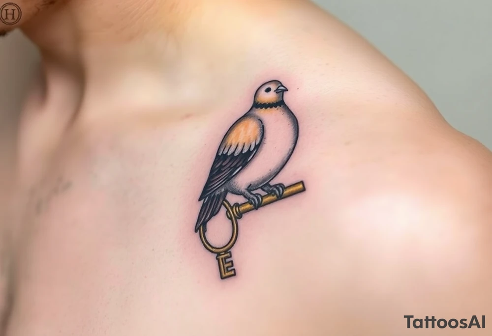 A collared dove perched on a vintage key, with the dove in soft browns and whites, and the key in antique gold, symbolizing love, protection, and freedom tattoo idea